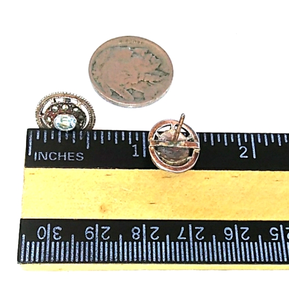 Sterling Silver Aquamarine Marcasite Studs VINTAGE - Picture 5 of 8